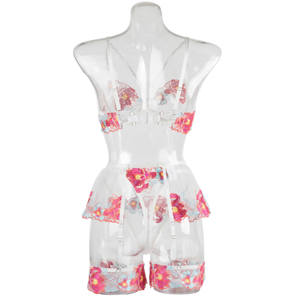Blossom Embroidery Mesh Underwire Lingerie Set Back View