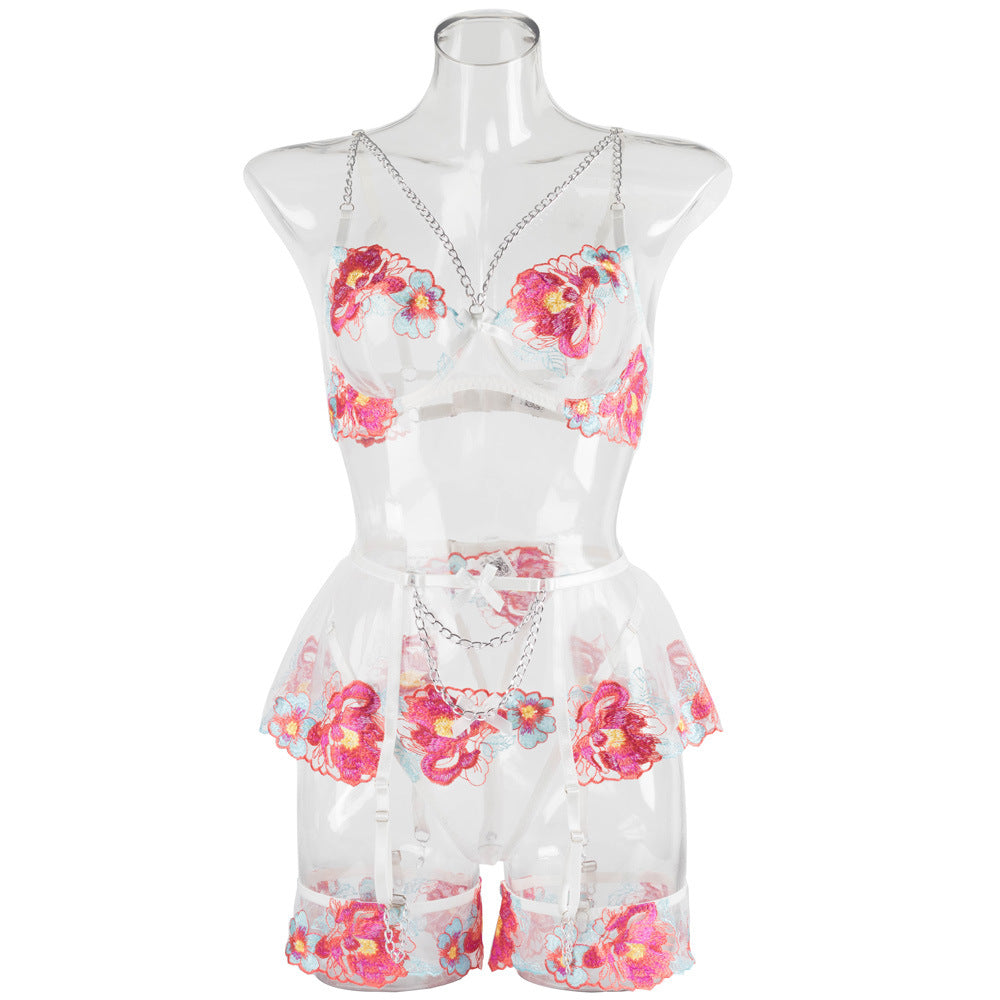 Blossom Embroidery Mesh Underwire Lingerie Set Front View