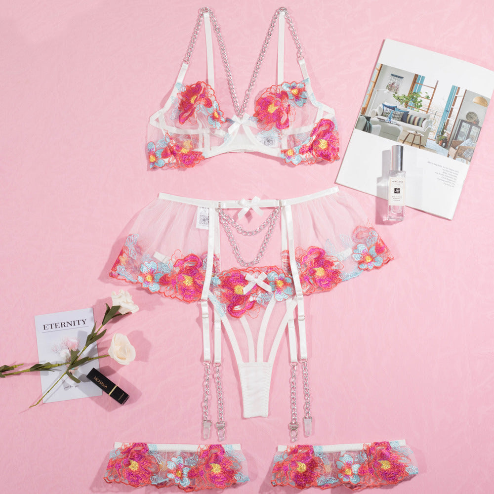 Blossom Embroidery Mesh Underwire Lingerie Set Over Vi