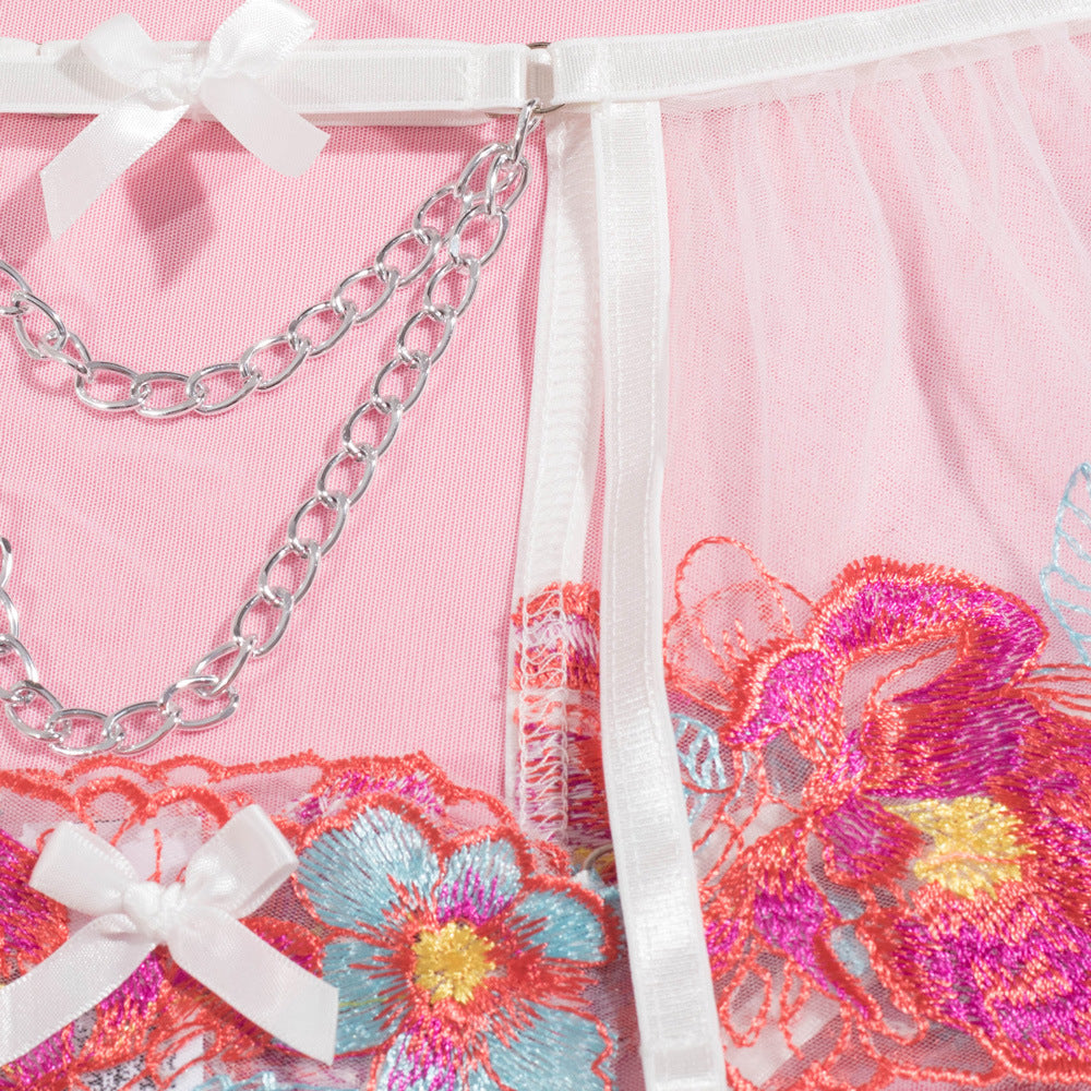 Wholesale Blossom Embroidery Mesh Underwire Lingerie Set-13