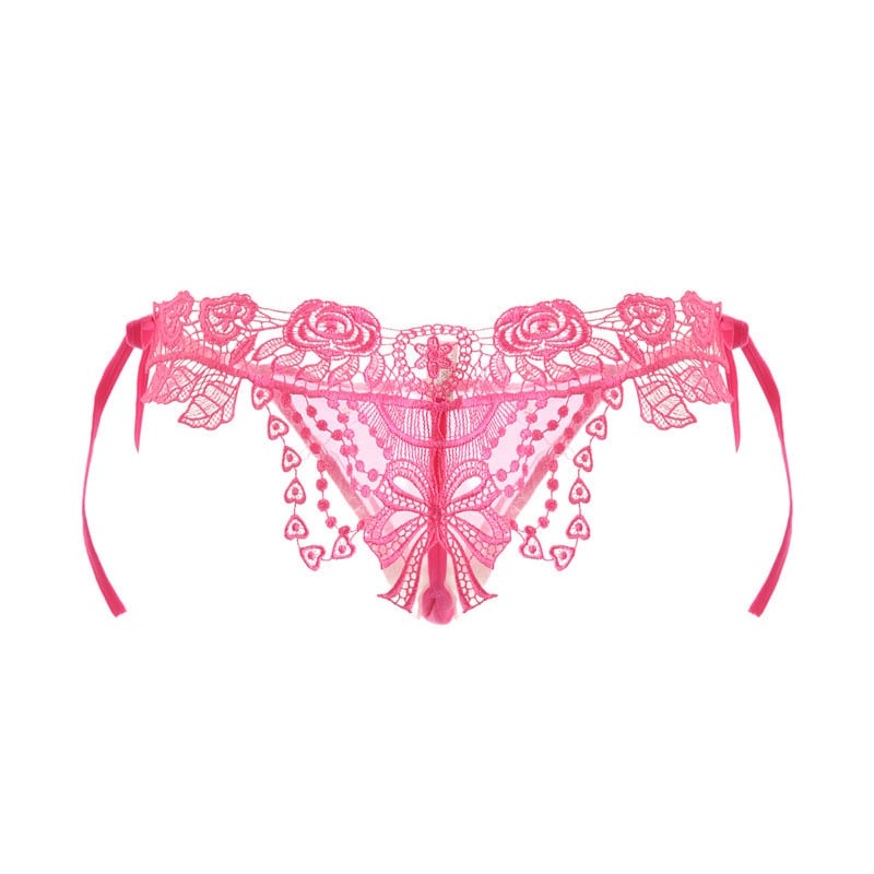 Deep Pink Hollow Bow Floral Lace Panty