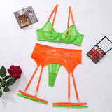 Green And Orange Contrasting Color Design Transparent Mesh Three-Piece Set Over View