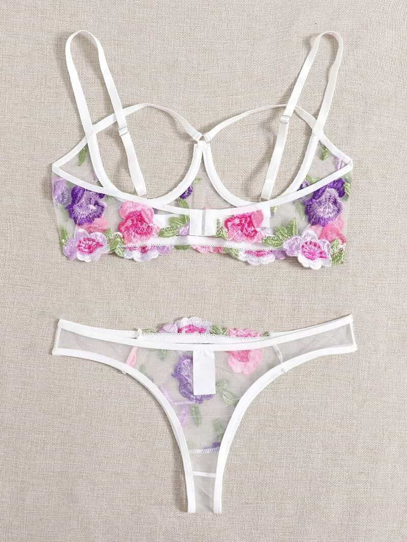 Lace Mesh Embroidered Bra Set Back Overview