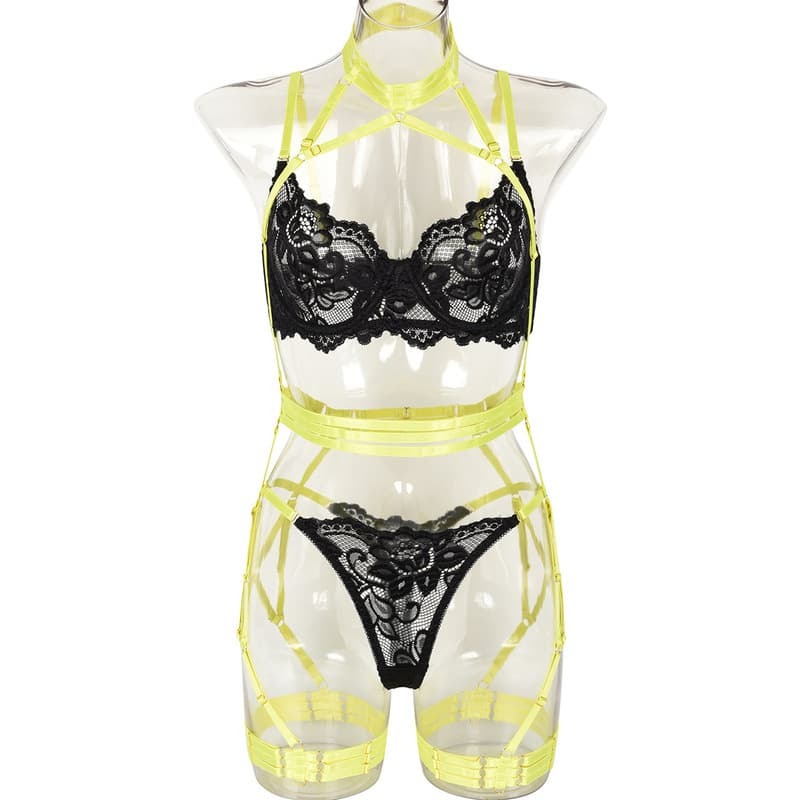 Lace Strap Stitching Heavy Craft Bra Set Front View