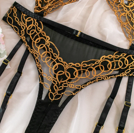 Luxurious Black Lace Lingerie Set with Garter Belt by BodyTolk