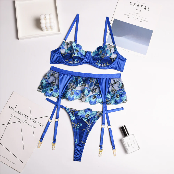 Floral Lace Blue Lingerie Set with Garter Belt by BodyTolk