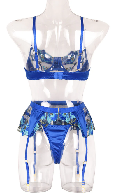 Floral Lace Blue Lingerie Set with Garter Belt by BodyTolk