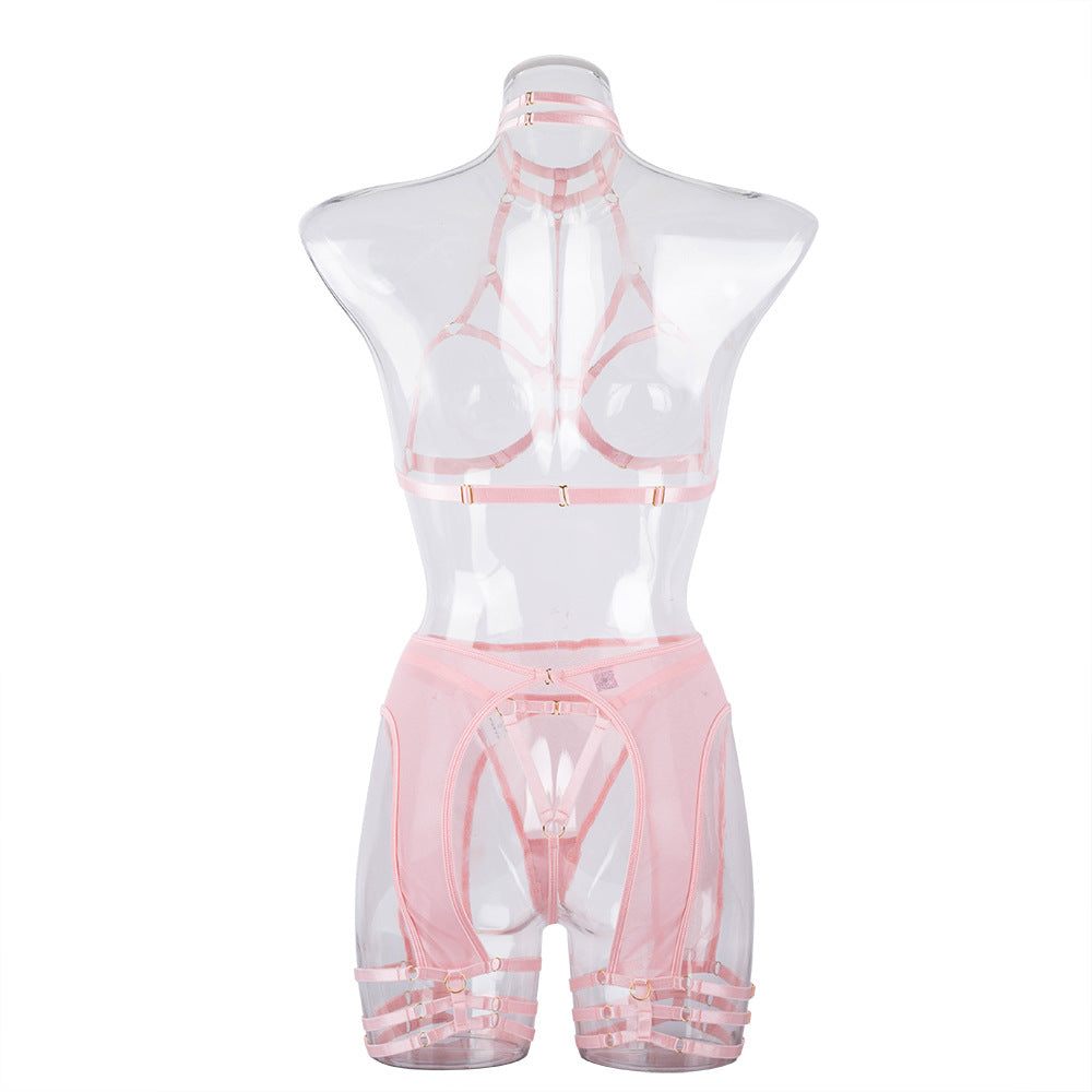 Sensual Hollow Bra Lingerie Set in Light Pink Over View
