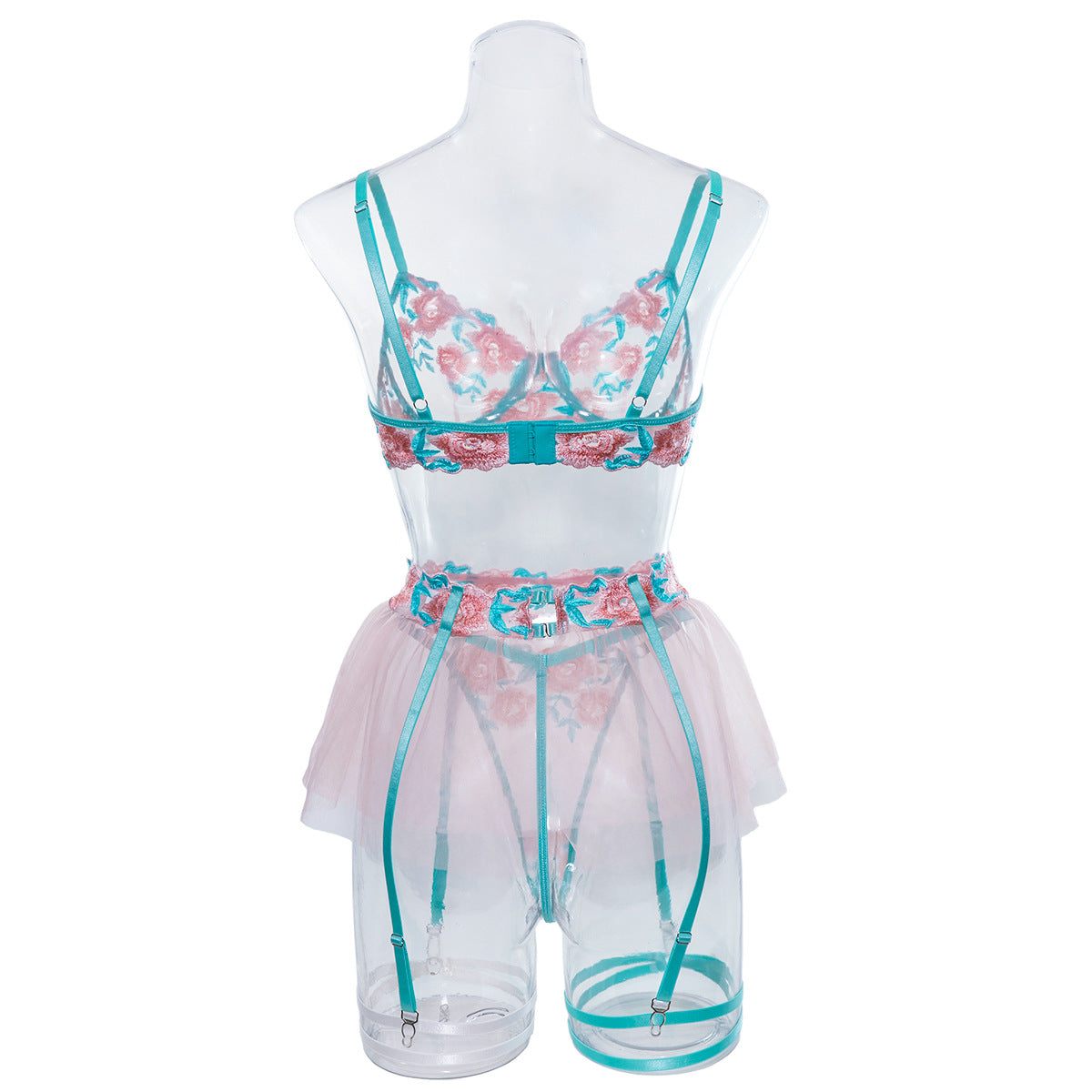 Wholesale Embroidered Bra and Panty Set with Pink Mesh Skirt Back View