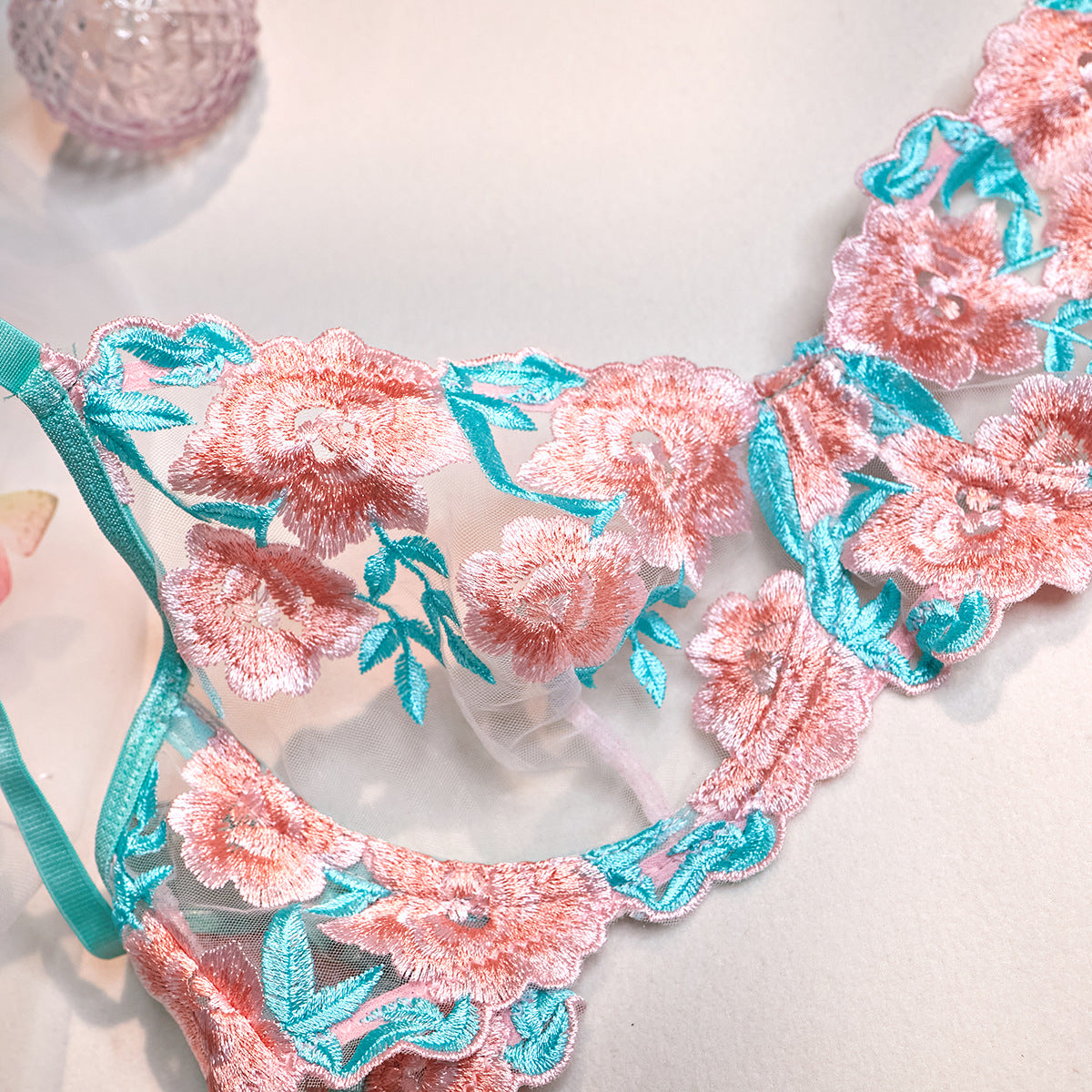 Wholesale Embroidered Bra and Panty Set with Pink Mesh Skirt-8