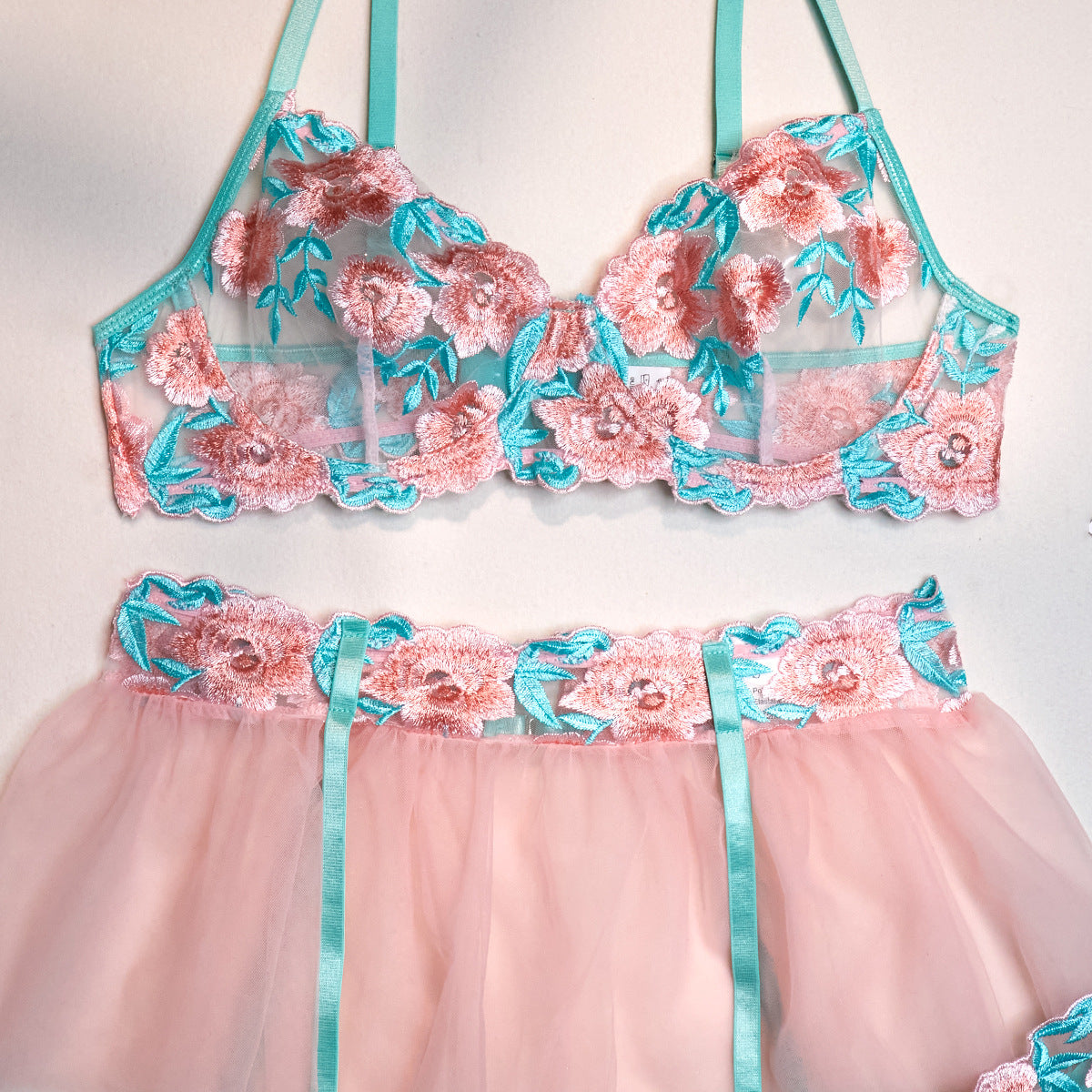 Wholesale Embroidered Bra and Panty Set with Pink Mesh Skirt Details