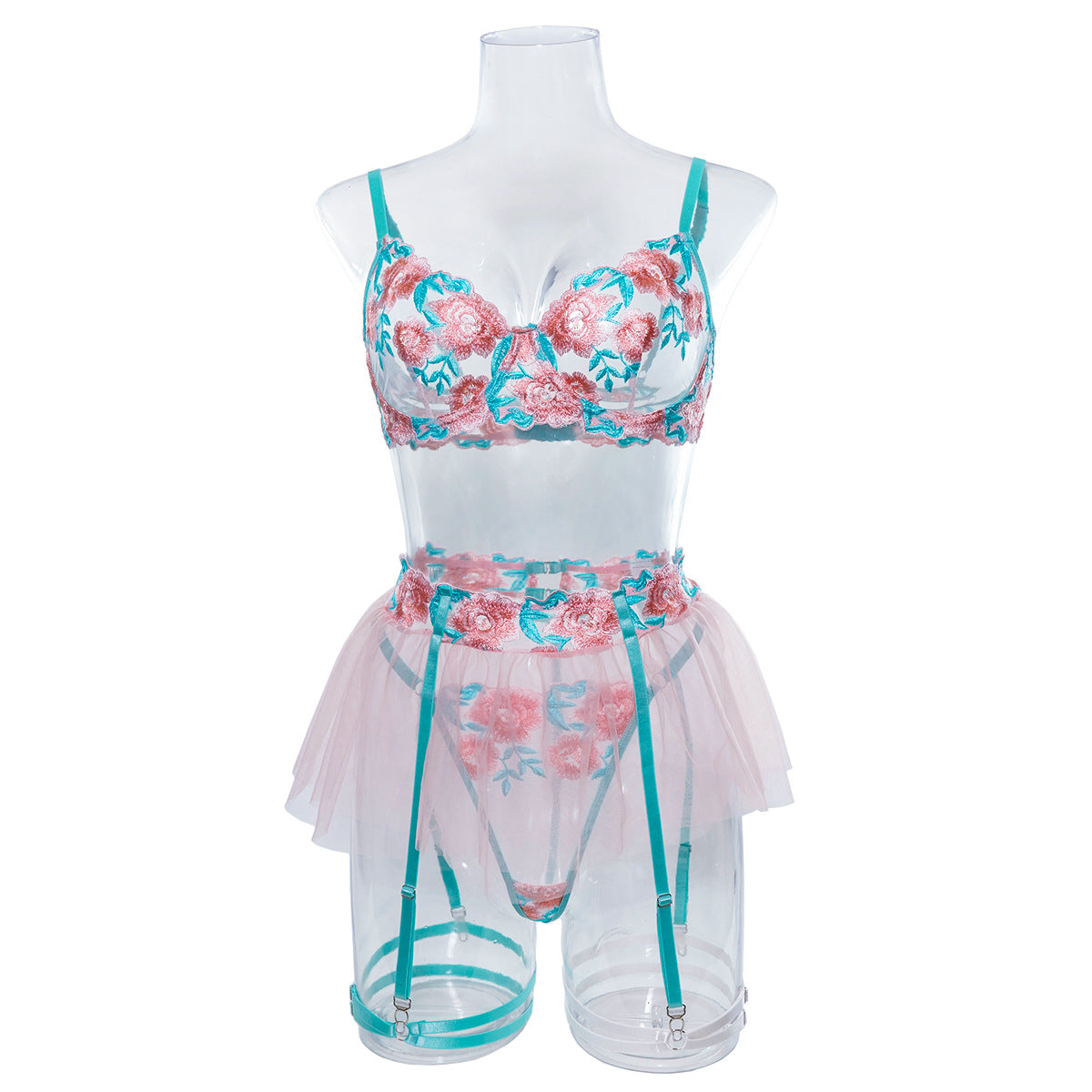 Wholesale Embroidered Bra and Panty Set with Pink Mesh Skirt Front View