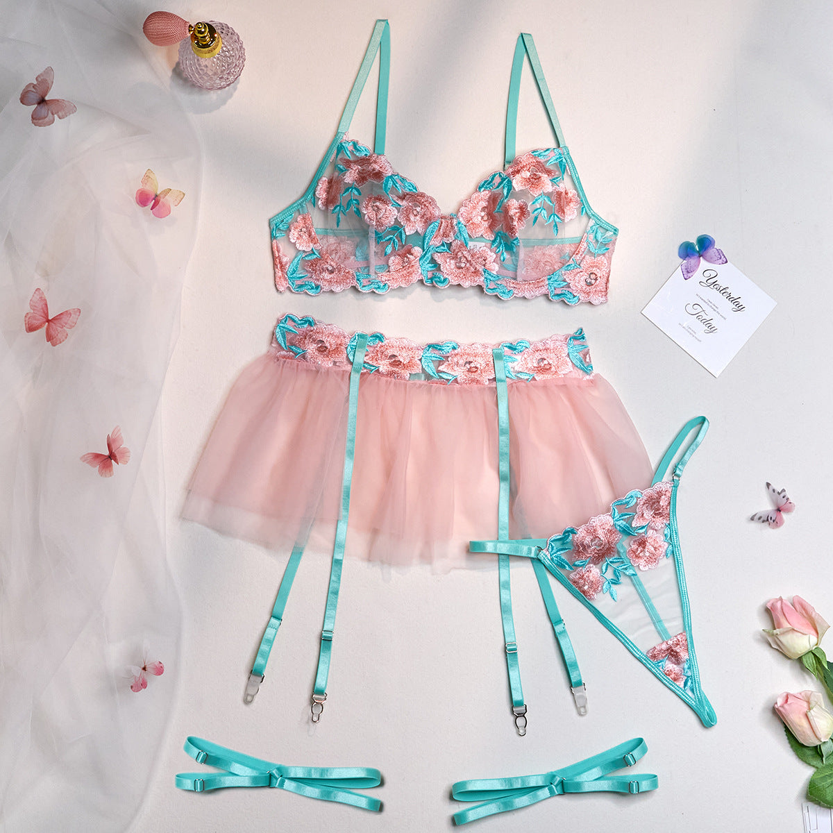 Wholesale Embroidered Bra and Panty Set with Pink Mesh Skirt Over View
