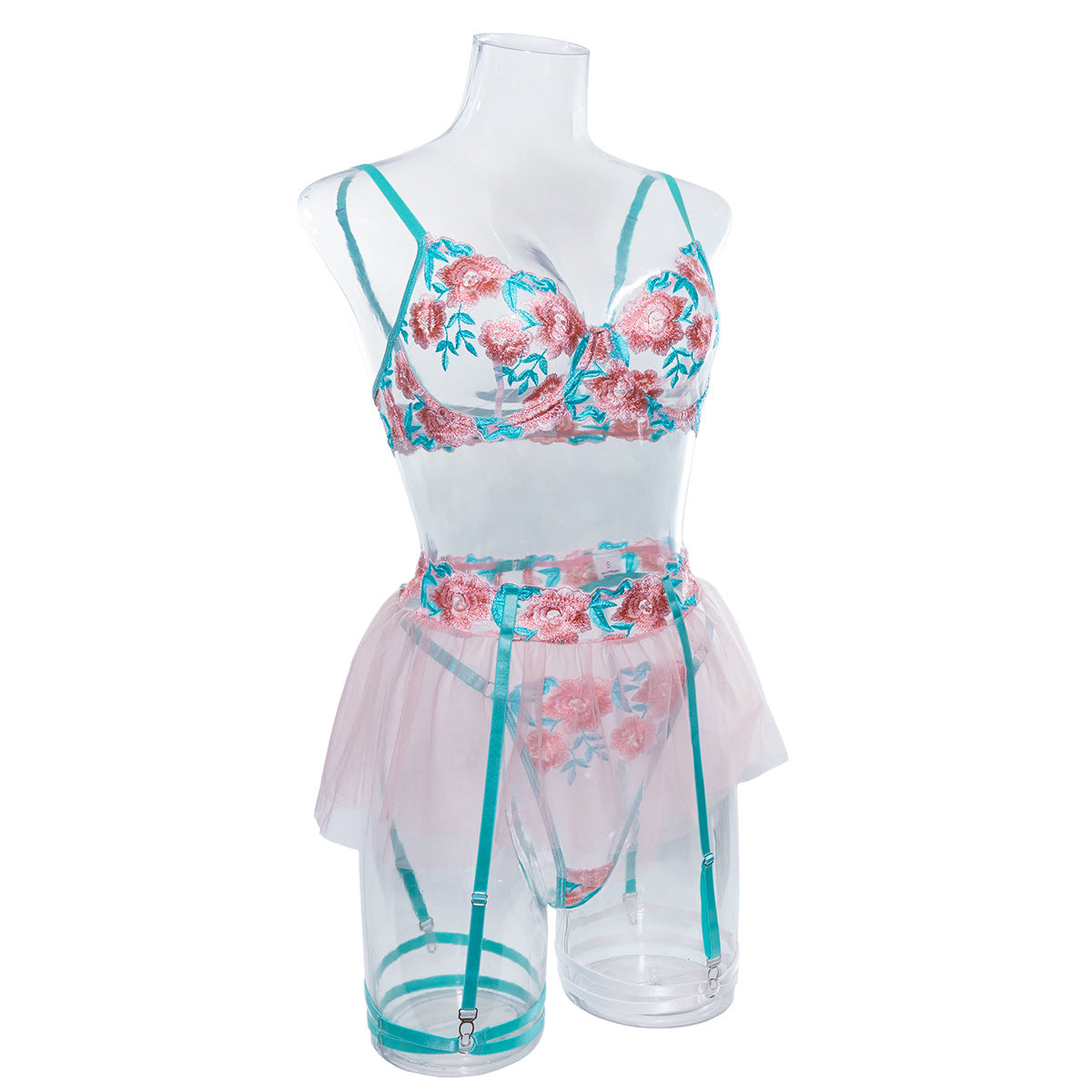 Wholesale Embroidered Bra and Panty Set with Pink Mesh Skirt Side View