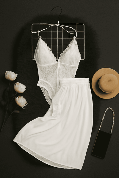 White Lace Bodysuit & Skirt Set