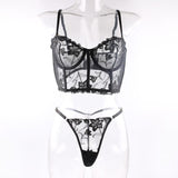 Black Embroidered Thong Sexy Bustier Bra Set Front View
