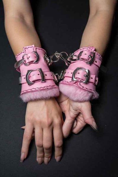 Pink Faux Fur BDSM Wrist Cuffs with Chain | BodyTolk