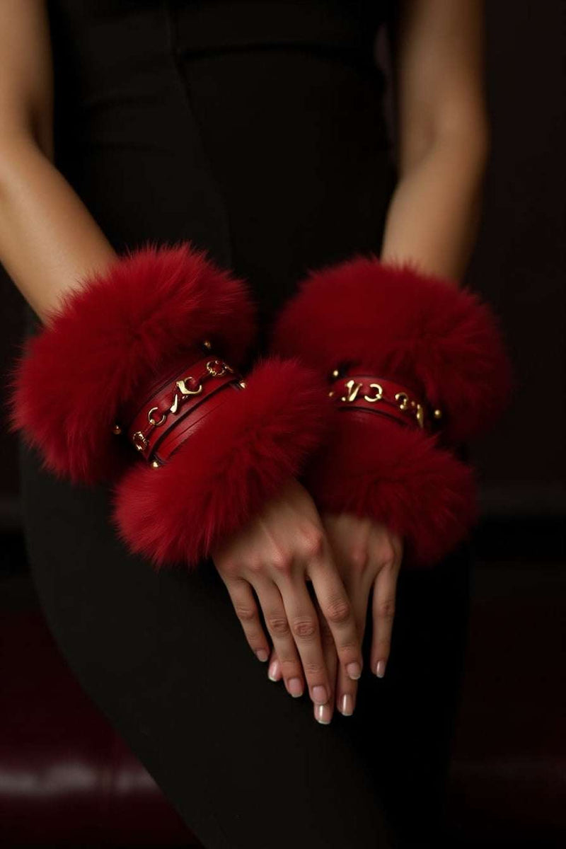 Luxurious Red Faux Fur Wrist Cuffs with Gold Accents