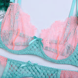 Green Diamond Mesh Bra Set with Feathered Shoulder Straps-10