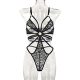 Lace Bodysuit with Multi-Strap Chest Ring and Hollow Design Front View