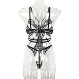 Lace Bodysuit with Multi-Strap Chest Ring and Hollow Design Model Back View
