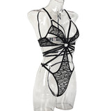Lace Bodysuit with Multi-Strap Chest Ring and Hollow Design Model Side View