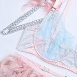 Elegant Sheer Lace Bra Set with Colorful Feather Accents-11