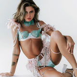 Light Blue Elegant Sheer Lace Bra Set with Colorful Feather Accents Model Display