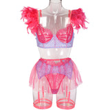 Luxurious Feather-Adorned Bra & Panty Set with Lace Front View