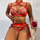 Red Halter Cutout Satin Panel Garter Belt Set Front Show On Model