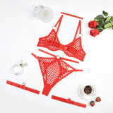 Red Mesh Cutout Bra & Panty Set with Open Crotch Over View