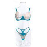 Wholesale Lace Bra and Underwear Set in Skin Color and Light Blue Front View