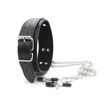 Wholesale Leather Bondage Collar with Nipple Clips-10