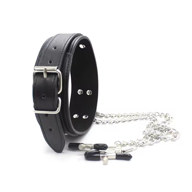 Wholesale Leather Bondage Collar with Nipple Clips-10