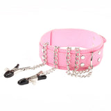 Wholesale Leather Bondage Collar with Nipple Clips Pink