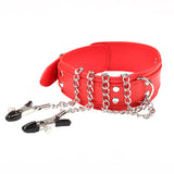Wholesale Leather Bondage Collar with Nipple Clips Red
