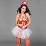 Wholesale Red Nurse Cosplay Jumpsuit with Fishnet Front View