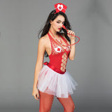 Wholesale Red Nurse Cosplay Jumpsuit with Fishnet Side Model Show