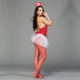 Wholesale Red Nurse Cosplay Jumpsuit with Fishnet Side Show