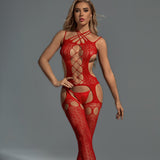 Wholesale Red Suspender Bodystocking with Cross Halterneck Model Display