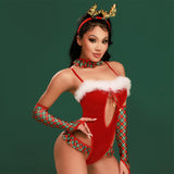 Wholesale Seductive Christma Uniform with Red Satin Bodysuit Set Model Show