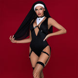 Wholesale Sexy Black Nun Costume Bodysuit Model Show