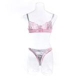Wholesale Sexy Lace Lingerie Set in Silver Gray and Pink Contrast Back View