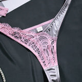 Wholesale Sexy Lace Lingerie Set in Silver Gray and Pink Contrast-10